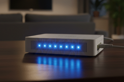 Yüksek hızlı fiber internet bağlantısını temsil eden, modern bir modemden yayılan ışık dalgaları.