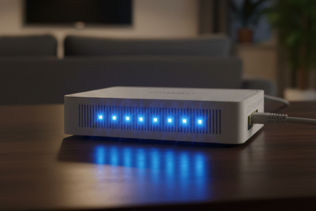Yüksek hızlı fiber internet bağlantısını temsil eden, modern bir modemden yayılan ışık dalgaları.