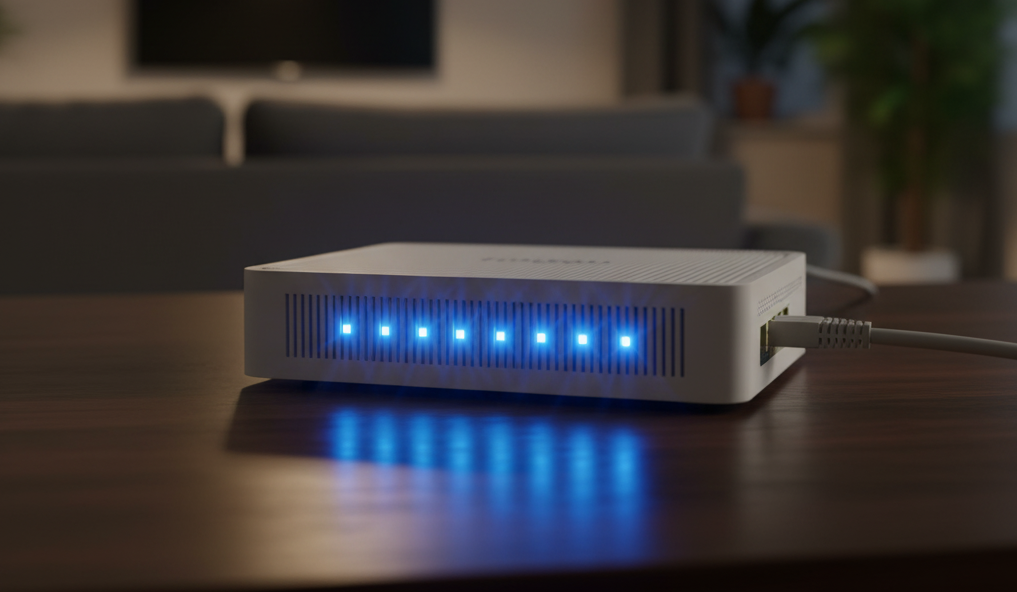 Yüksek hızlı fiber internet bağlantısını temsil eden, modern bir modemden yayılan ışık dalgaları.
