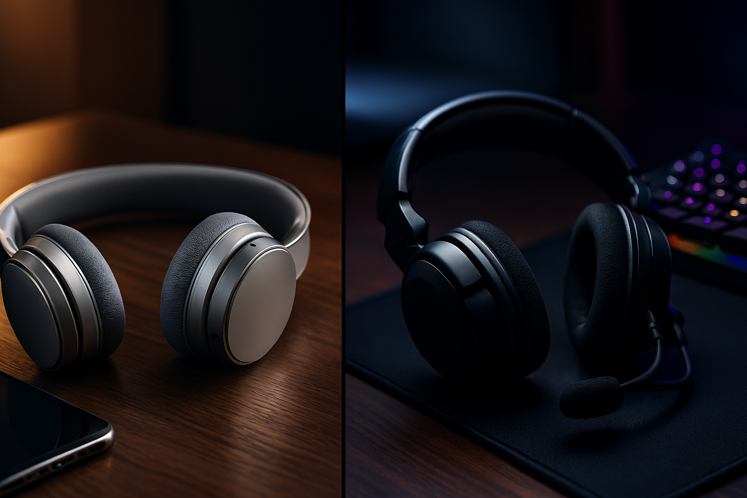 Müzik dinlemek için şık kablosuz kulaklıklar ve oyun oynamak için yüksek performanslı oyuncu kulaklığı yan yana durarak karşılaştırılıyor.