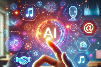 Günlük hayatta kullanılan en iyi yapay zeka araçlarını temsil eden, fütüristik ve holografik bir ekrana dokunan insan eli