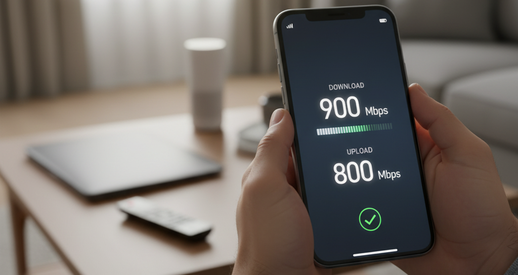 Yüksek hızlı fiber internet bağlantısını kanıtlayan, akıllı telefonda yapılan bir internet hız testi ve sonucu.